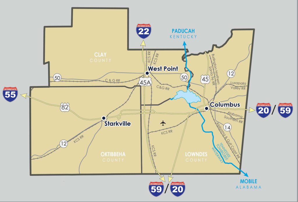 Highways, interstates, and rail lines in the Golden Triangle Region