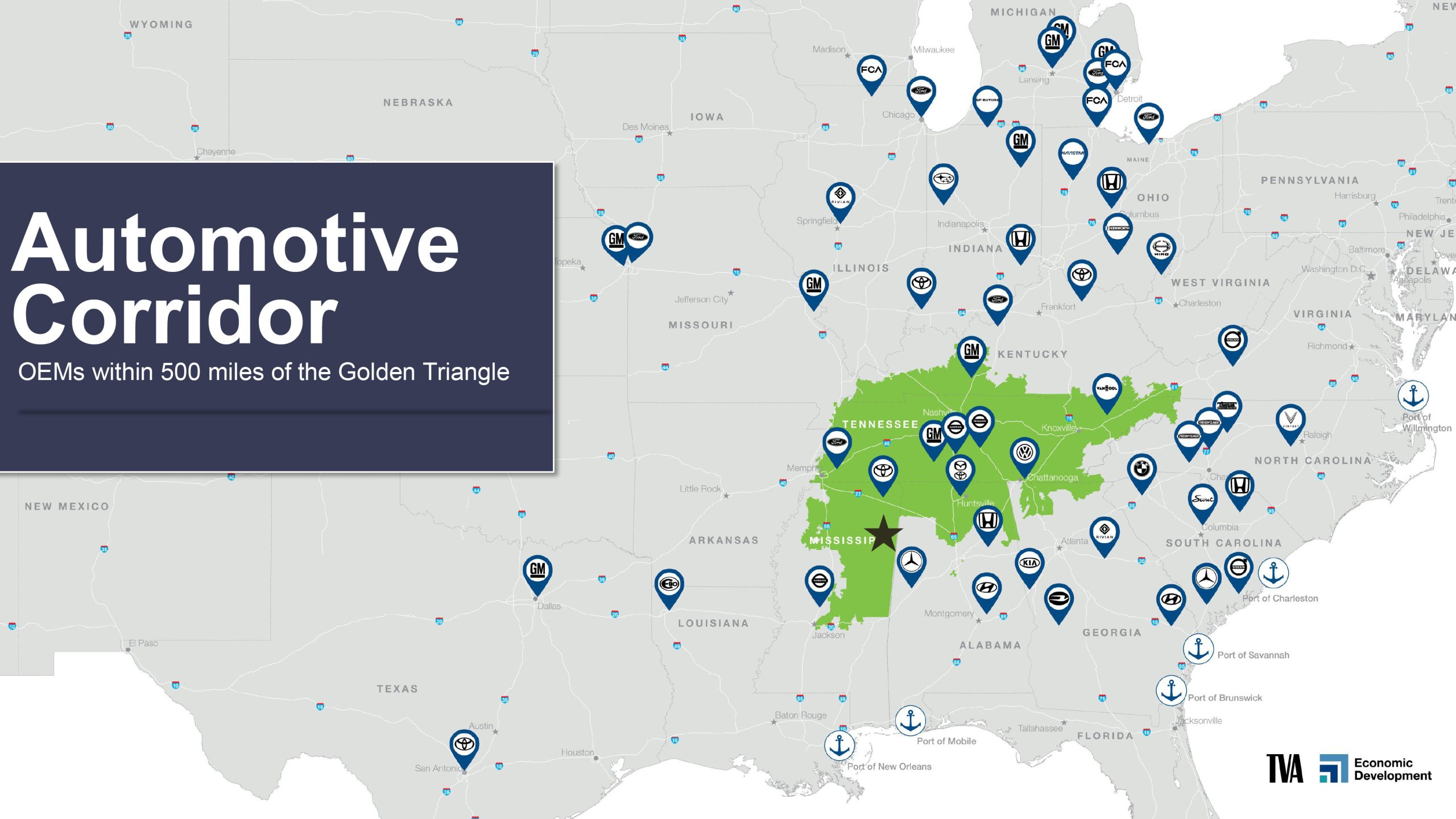 Map of OEMs within 500 miles of the Golden Triangle